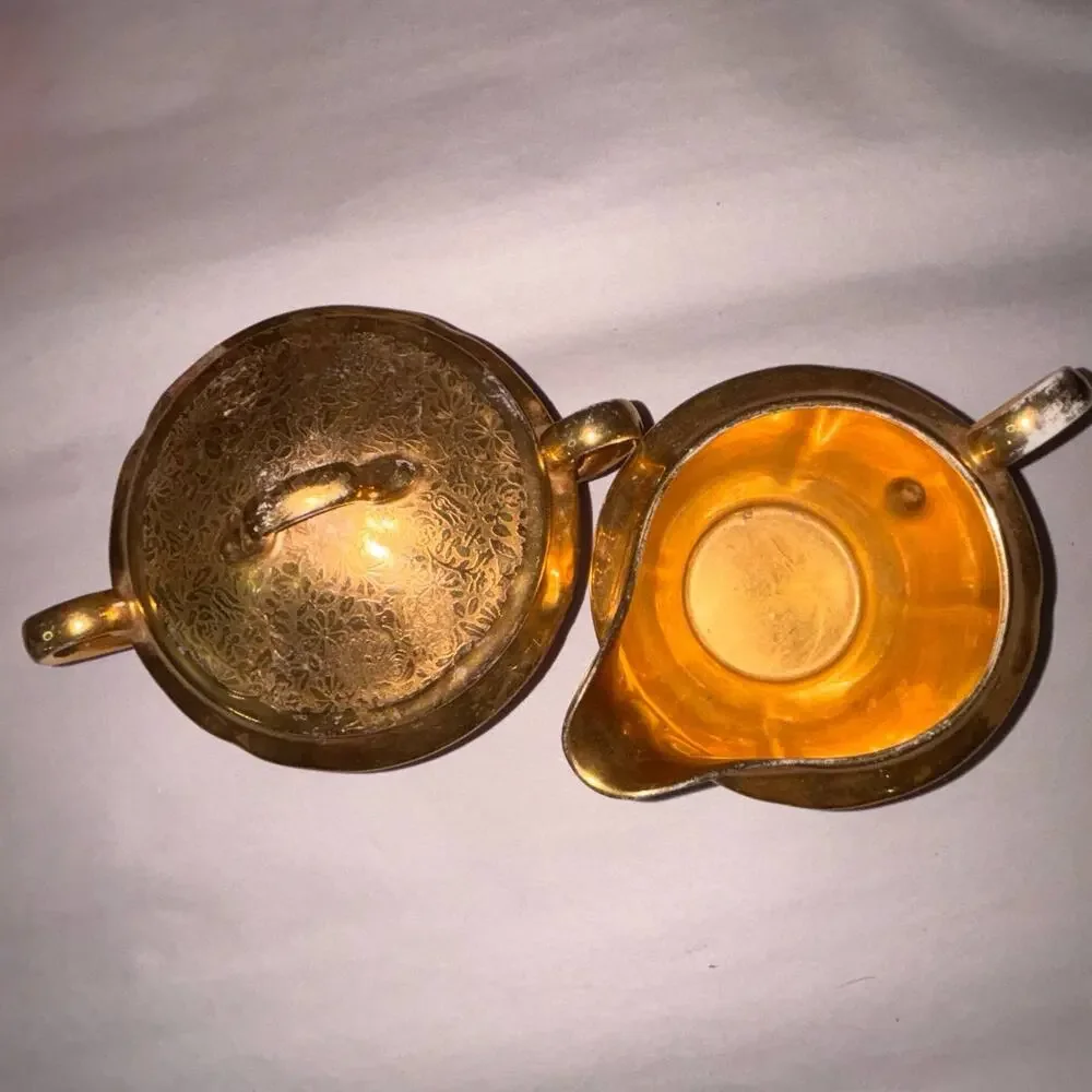 Wheeling DEC Creamer & Sugar Vintage Gold Floral Set #418 MCM